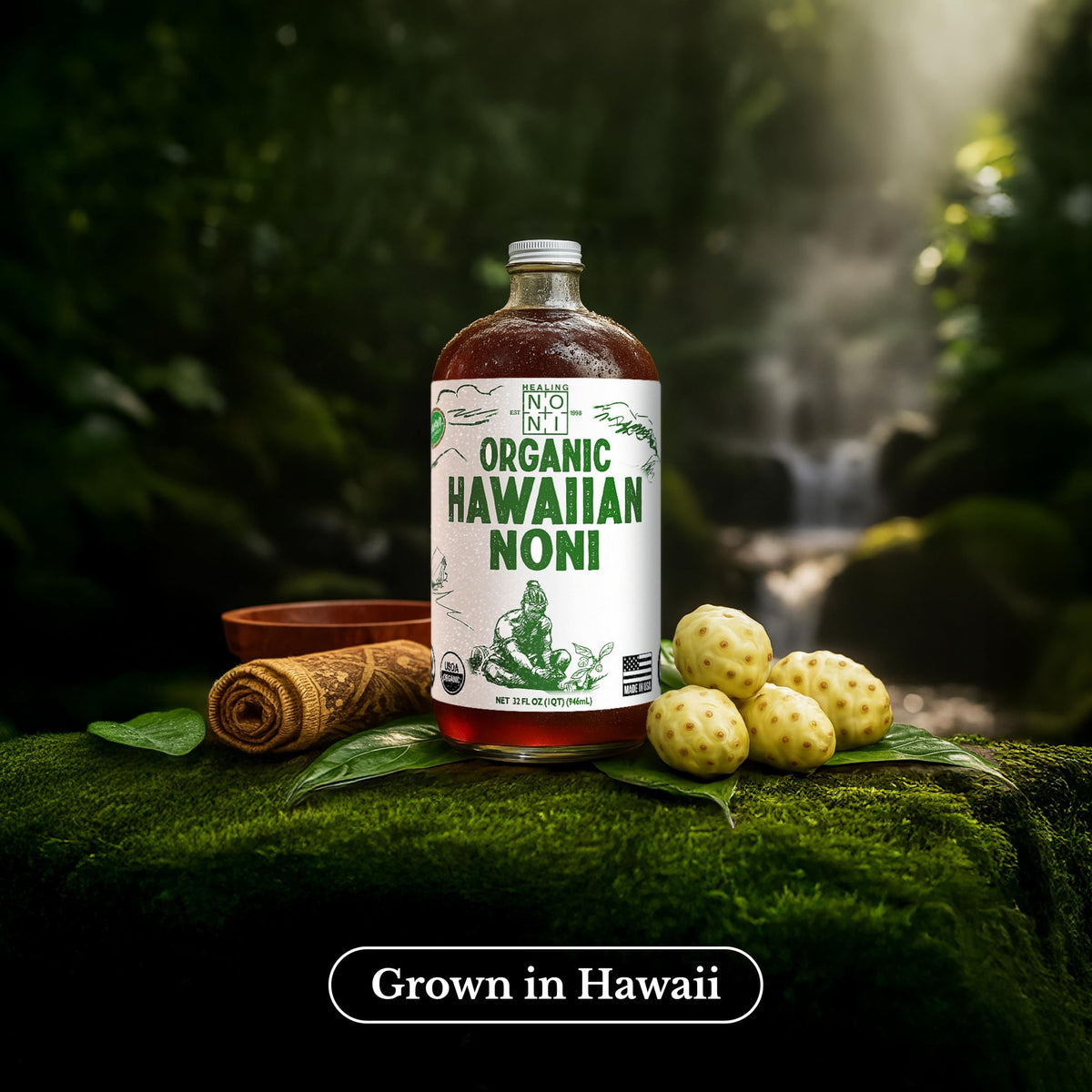 Healing Noni - 100% Pure Noni Juice - USDA Organic, Full Strength, Wellness Drink, Hawaiian-Grown Superfood - (32oz, 4 Pack)