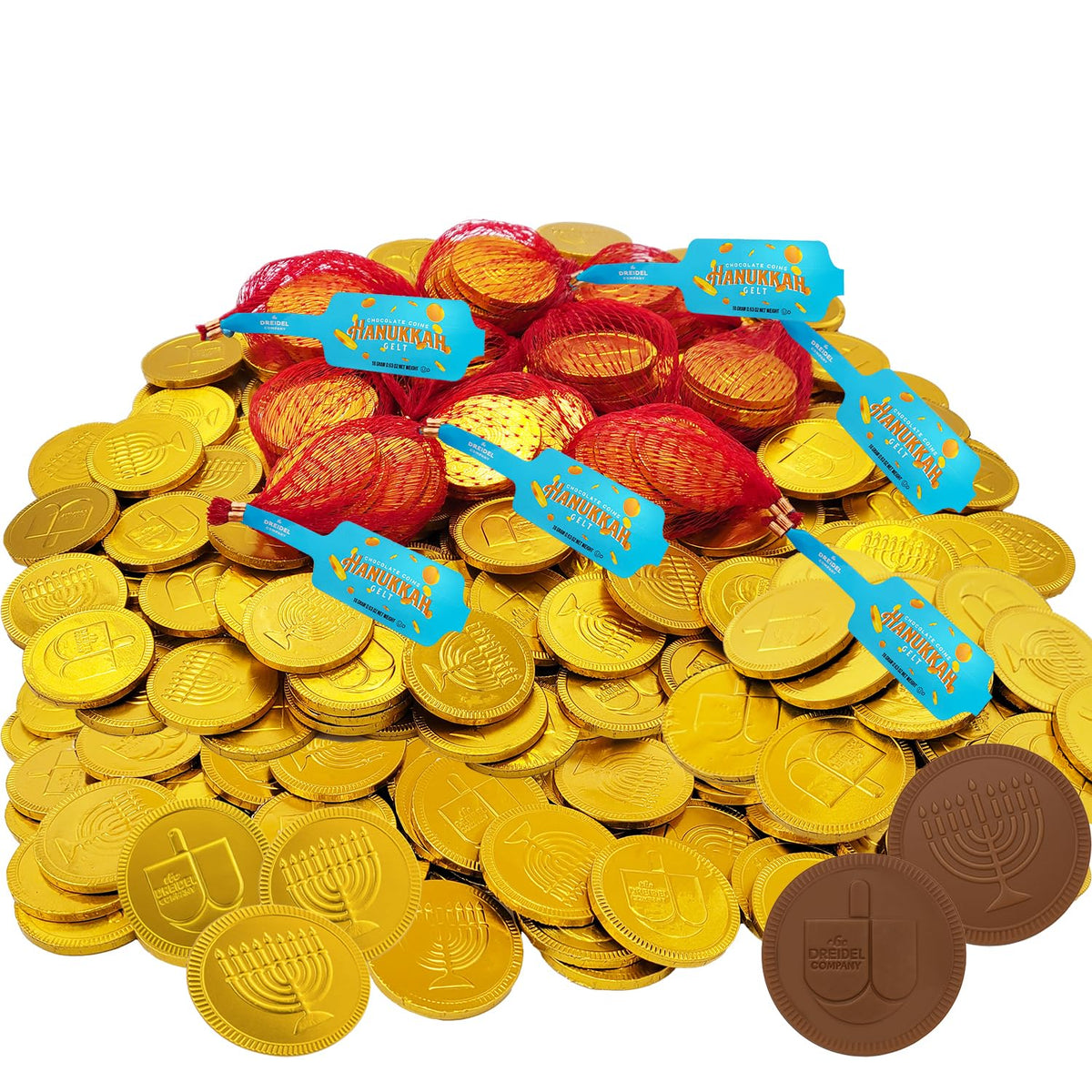 The Dreidel Company Hanukkah Chocolate Gelt, 6-Pack Mesh Bags 24 Total Coins of Milk Chocolate Coins, Kosher Certified Dairy Dreidel and Menorah