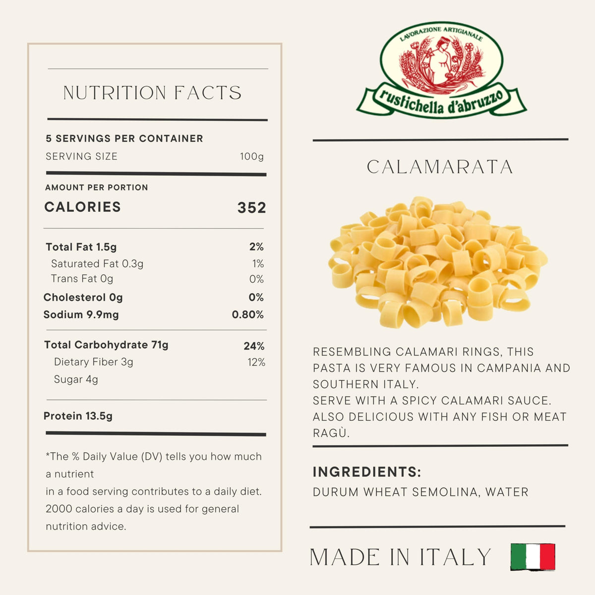 Rustichella d'Abruzzo Calamarata - Short Pasta Resembling Calamari Rings - Classic Durum Wheat Pasta from Italy