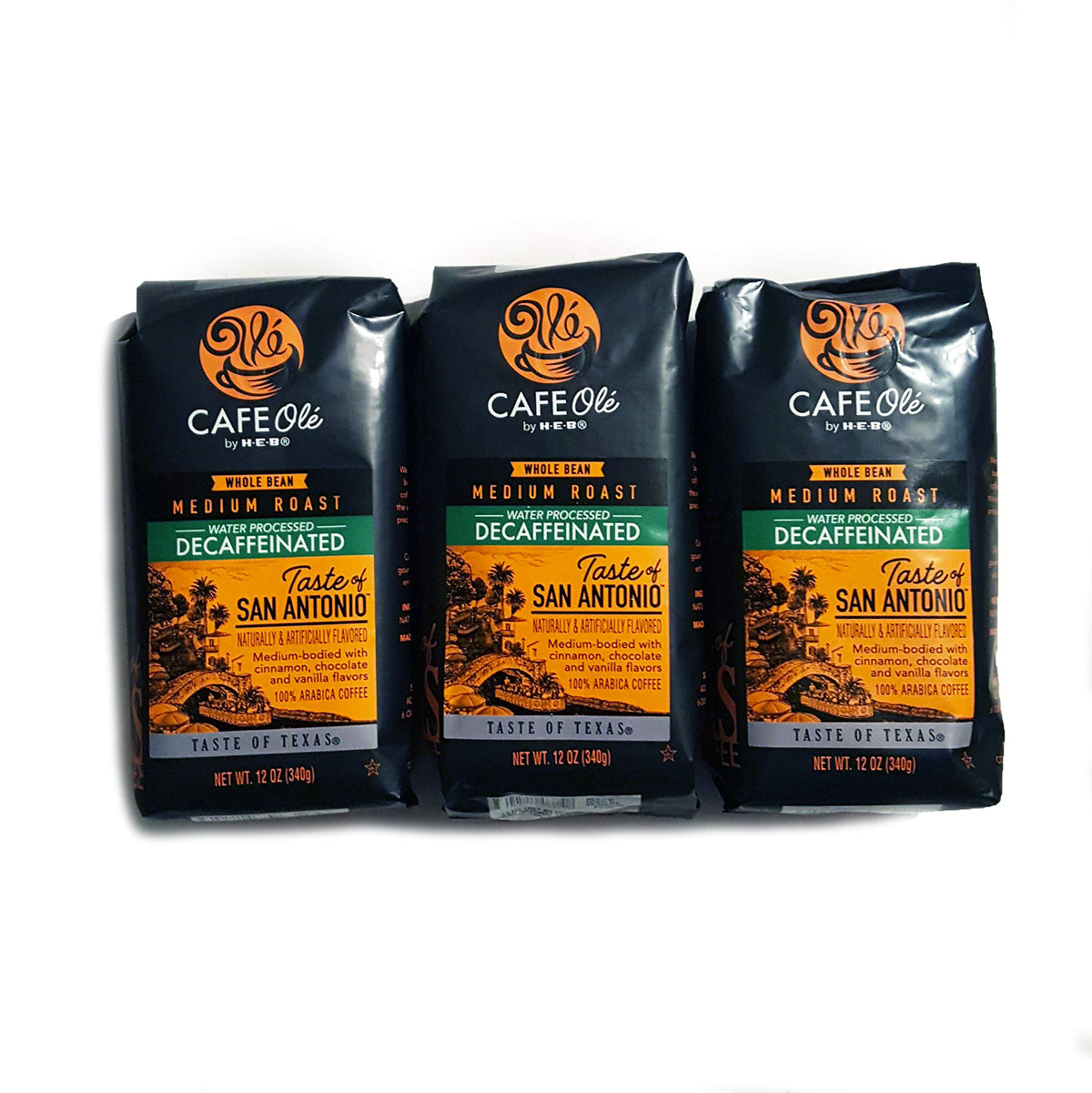 Cafe Ole Taste of Texas Whole Bean - San Antonio Decaf 12 Oz (Pack of 3)