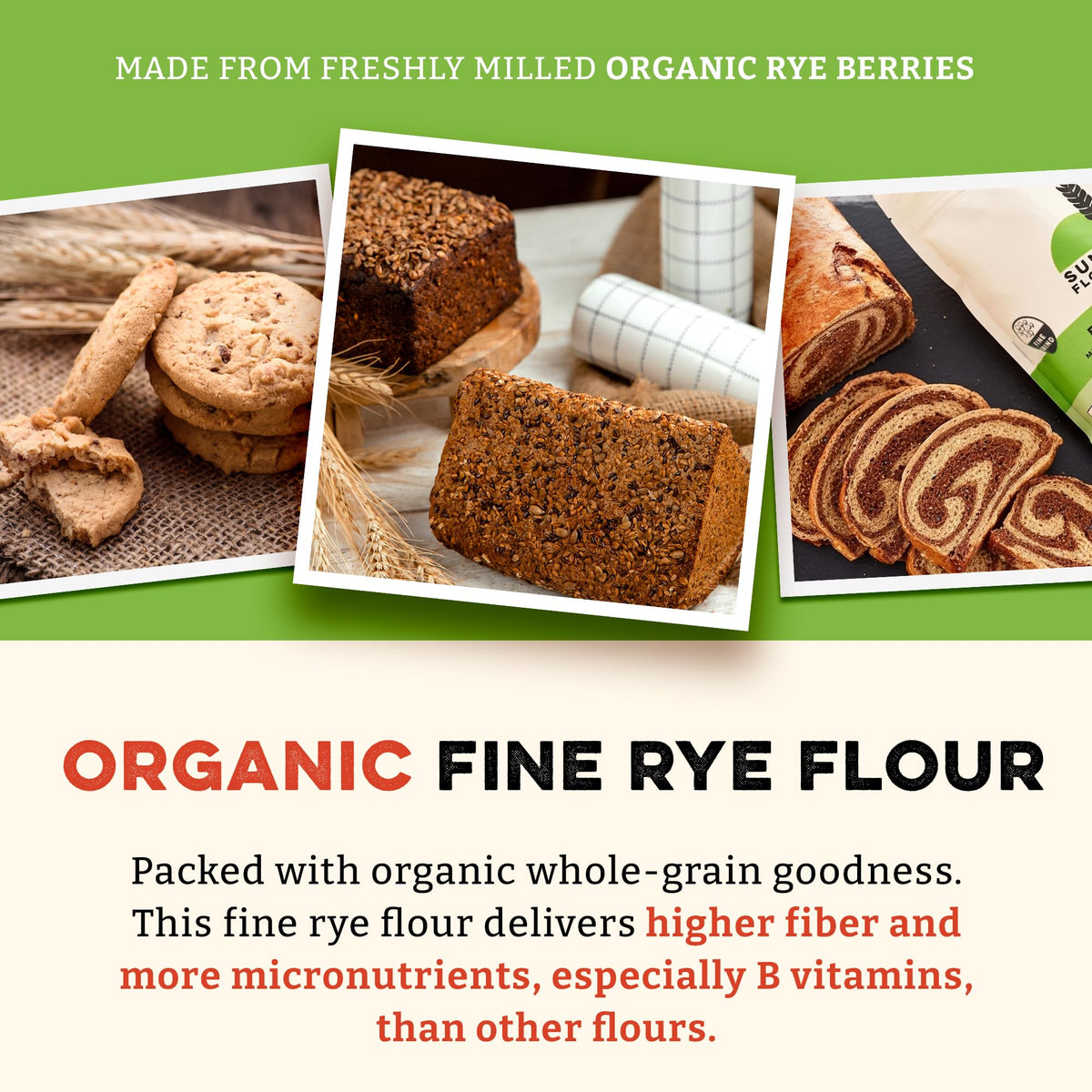 Sunrise Flour Mill Organic Fine Rye Flour | 2 LB | Rye Flour Organic | Whole Grain Bread Flour for Sourdough | No Artificial Ingredients |