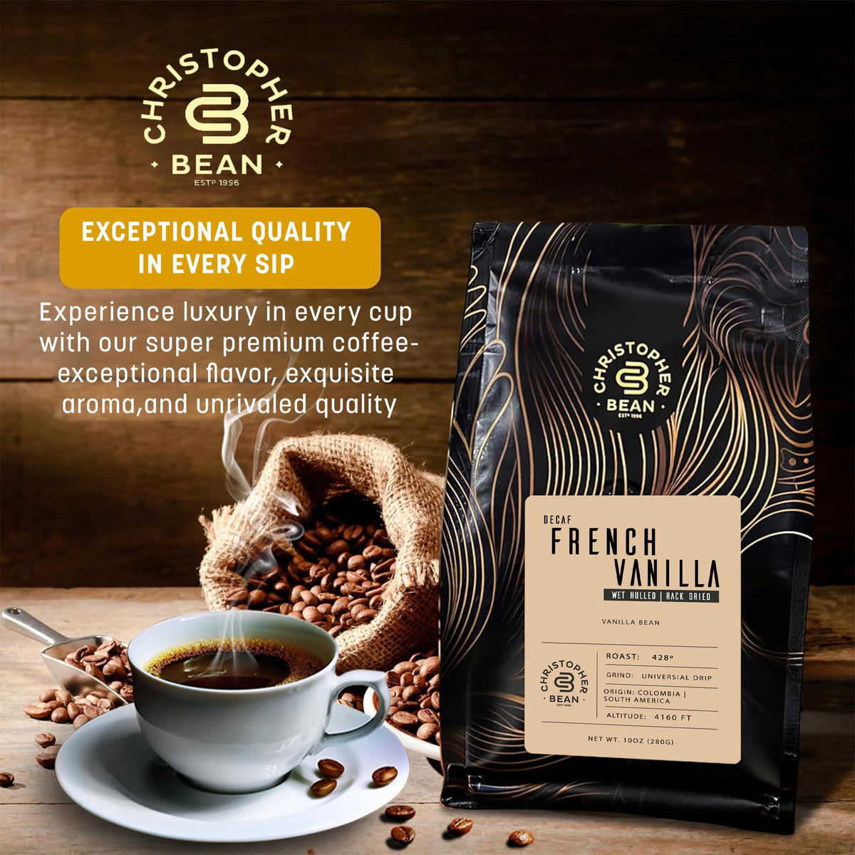 Christopher Bean Coffee - Certified Kosher - Decaf Ground Universal Drip French Vanilla Flavored Coffee | Coffee Beans with Medium Roast 100% Arabica