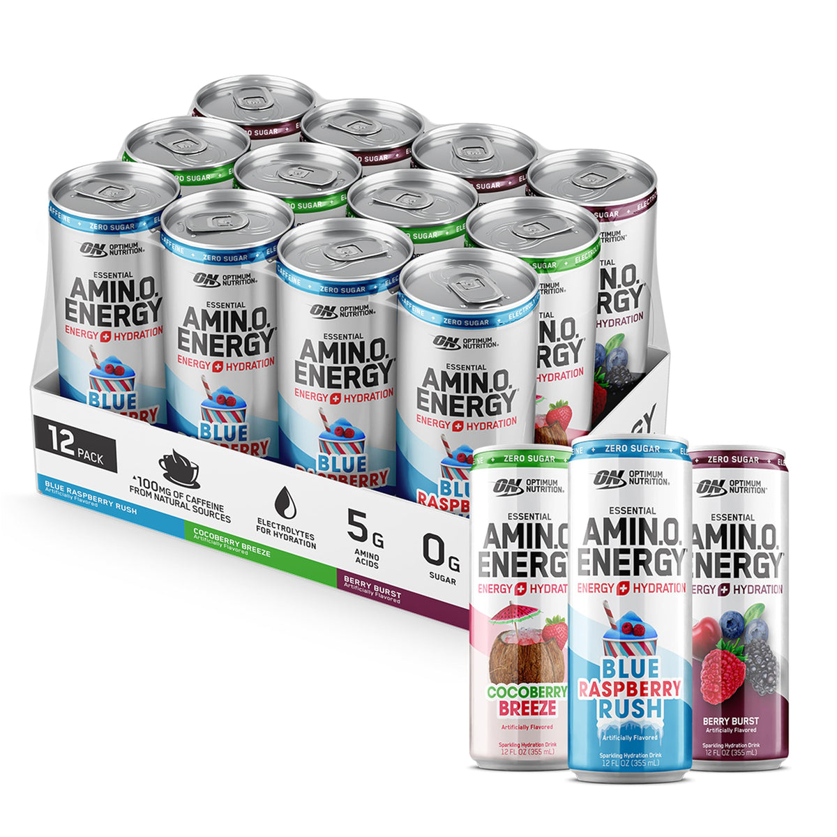 Optimum Nutrition Amino Energy Hydration Drink, Berry Variety, 12 Ct