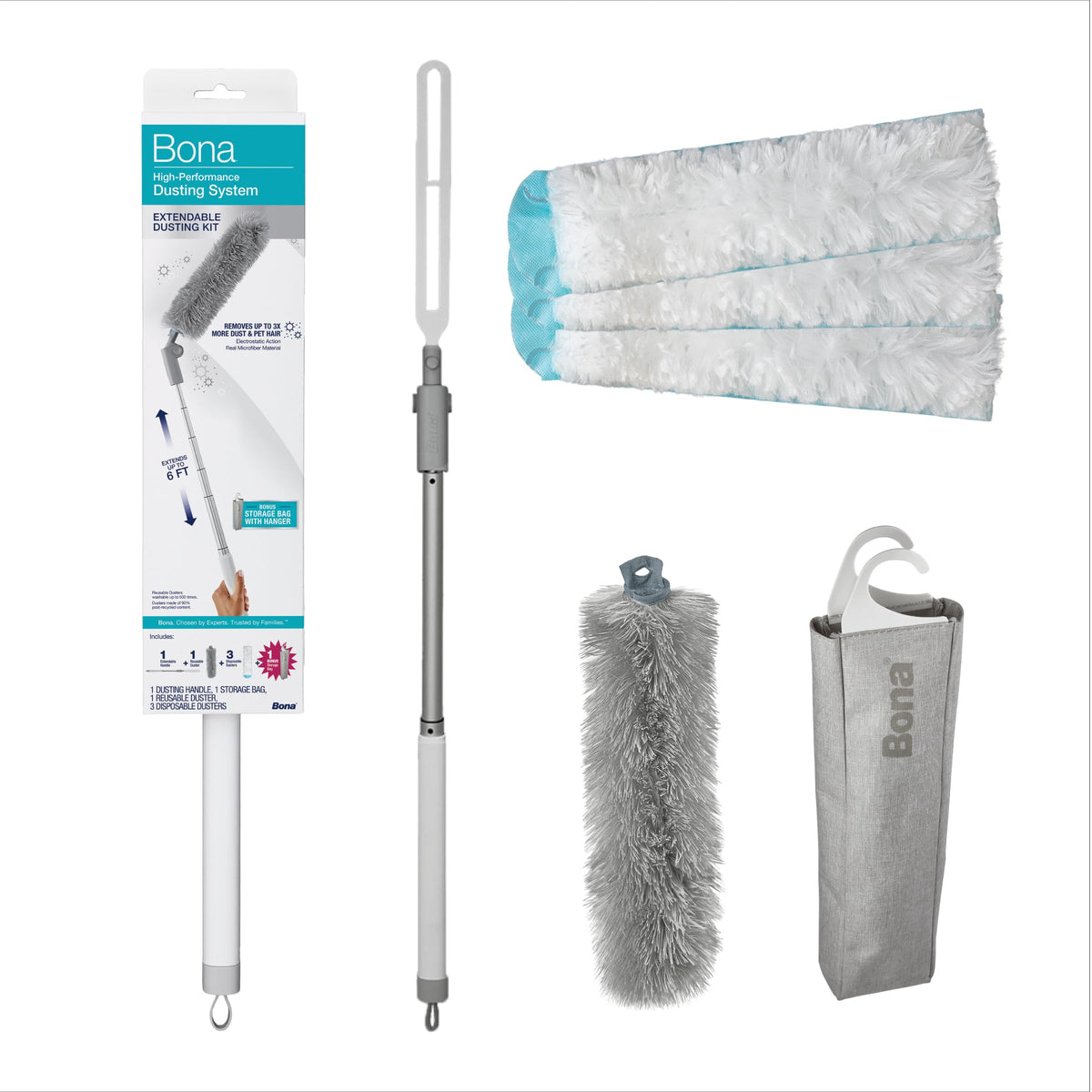 Bona High Performance Dusting System - 1 Extendable Handle, 3 Disposable Dusters, 1 Reusable Duster, & 1 Storage Bag - Extendable Dusting Kit