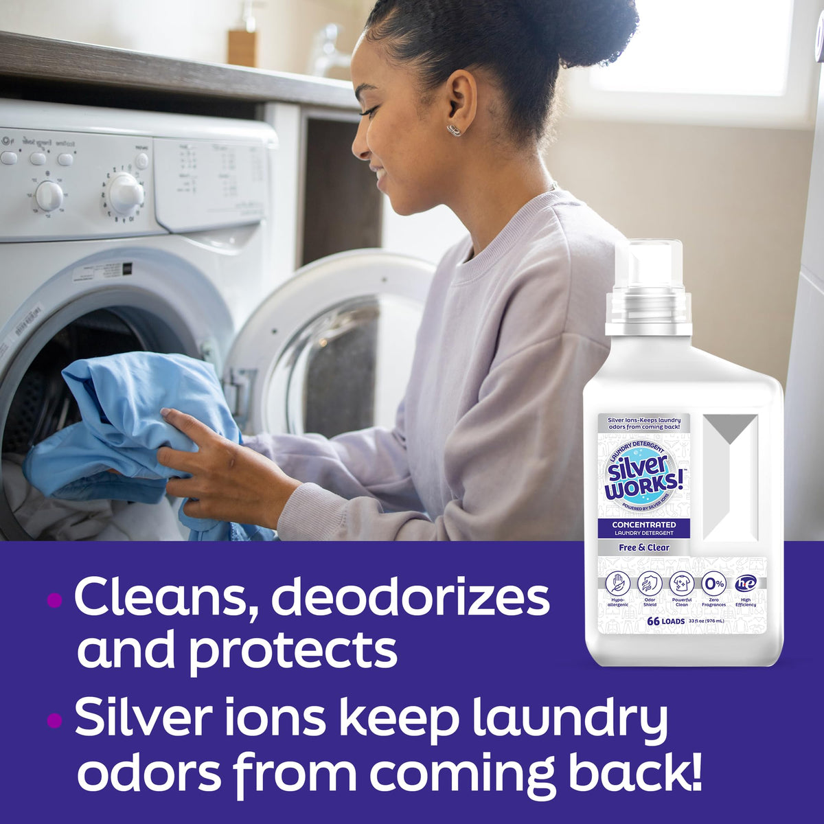SilverWorks! Powerful Odor Eliminating Laundry Detergent Liquid, Silver Ion Deodorizer Technology, Laundry Odor Eliminator For Clothes, Cleans
