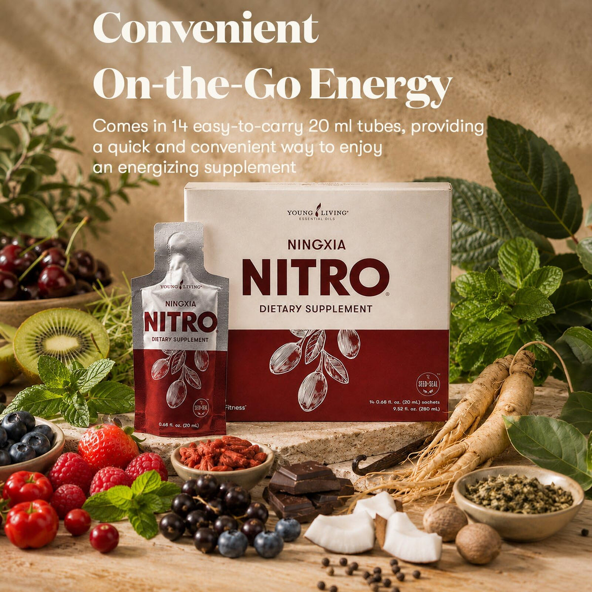 Young Living NingXia Nitro | 1 Pack (14 Sachets) | Energizing Wolfberry Drink with Green Tea & Korean Ginseng | Supports Focus, Energy & Physical