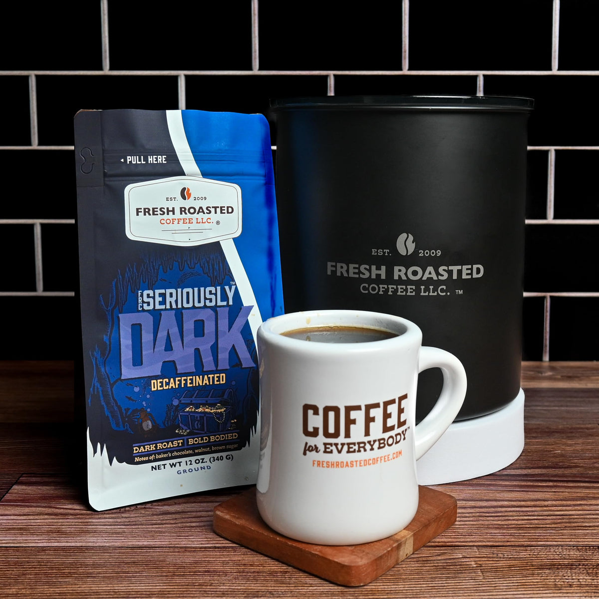 Fresh Roasted Coffee, Seriously Dark Decaf Artisan Blend Drip Ground Coffee, Dark Roast, Kosher, 12 oz