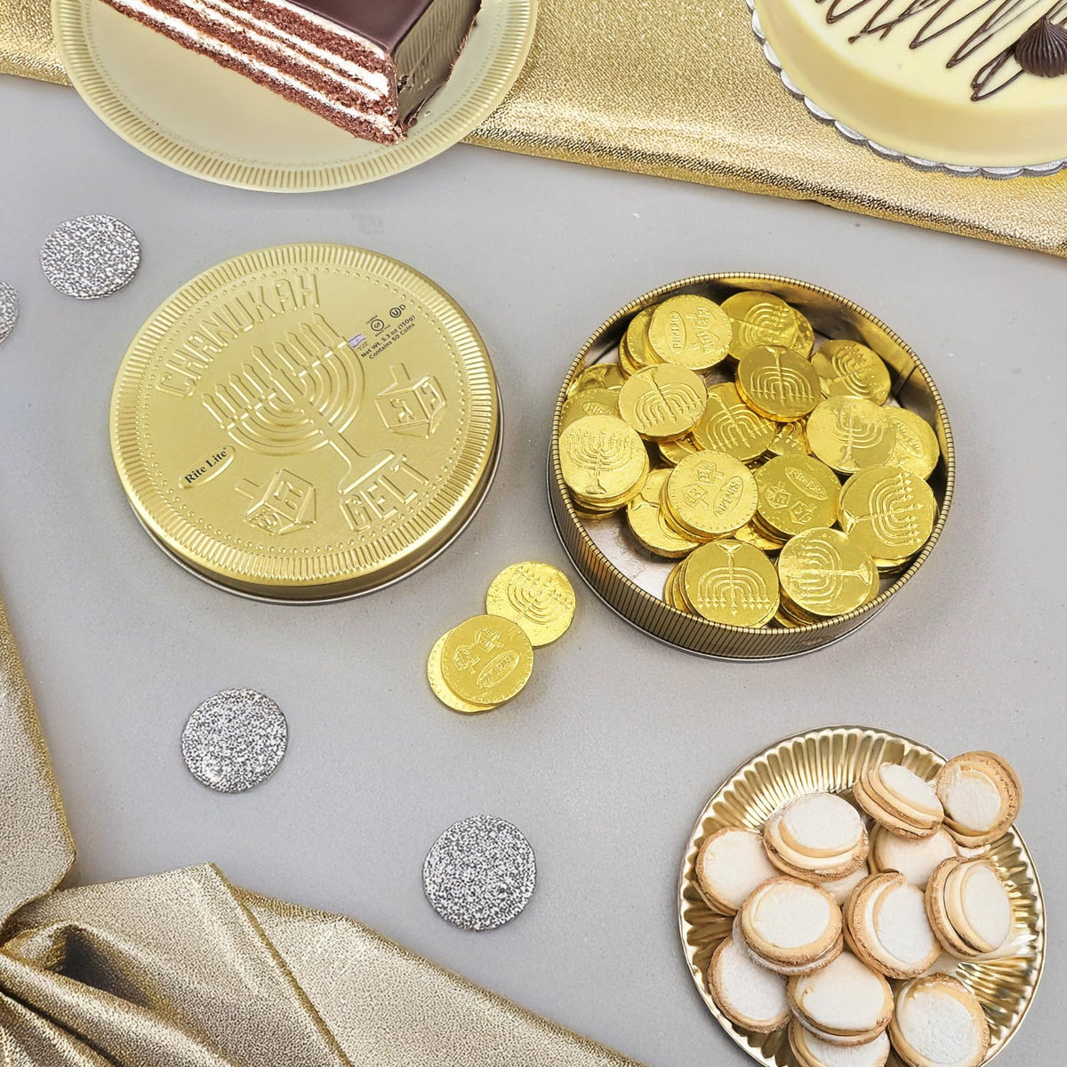 Hanukkah Chocolate Gelt Gold Collectible Tin with 3gr, 50 Gold Foiled Coins, Kosher Dairy Chanukah - Festive Jewish Holiday Party Favors Metal Tin