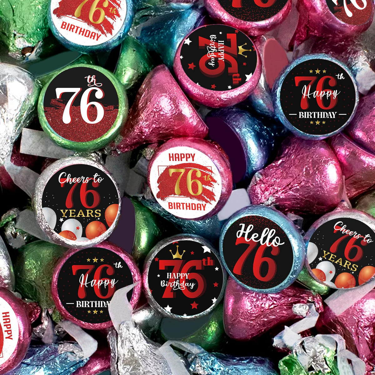 Happy 76th Birthday Party Favor Labels Chocolate Kisses Candy Stickers - 76 Years Old Birthday Round Candy Sticker Party Favors - Black and Red - 150