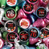 Happy 76th Birthday Party Favor Labels Chocolate Kisses Candy Stickers - 76 Years Old Birthday Round Candy Sticker Party Favors - Black and Red - 150