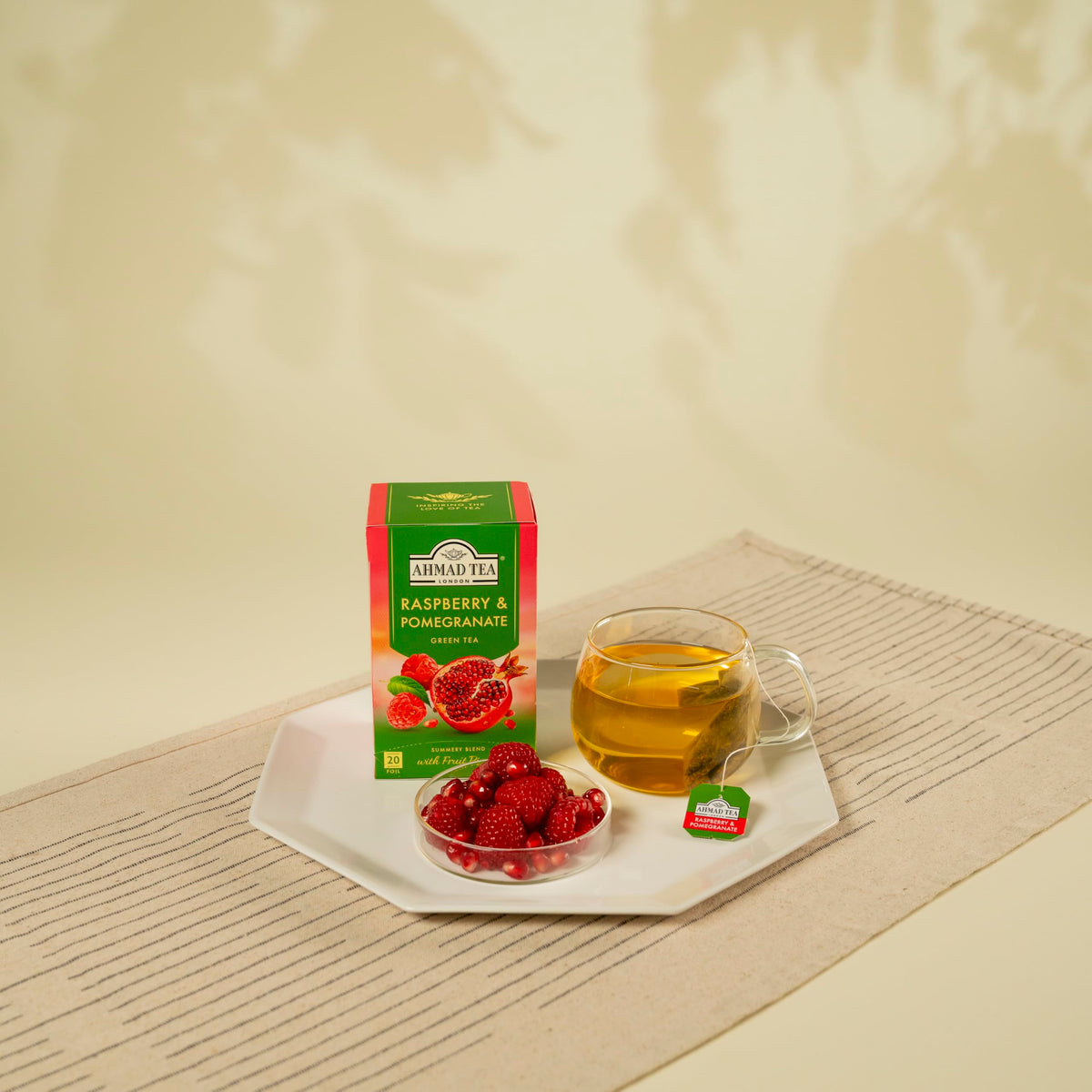 Ahmad Tea Foil-Enveloped Teabags Green Tea, Raspberry & Pomegranate, 20Count (Pack Of 6)