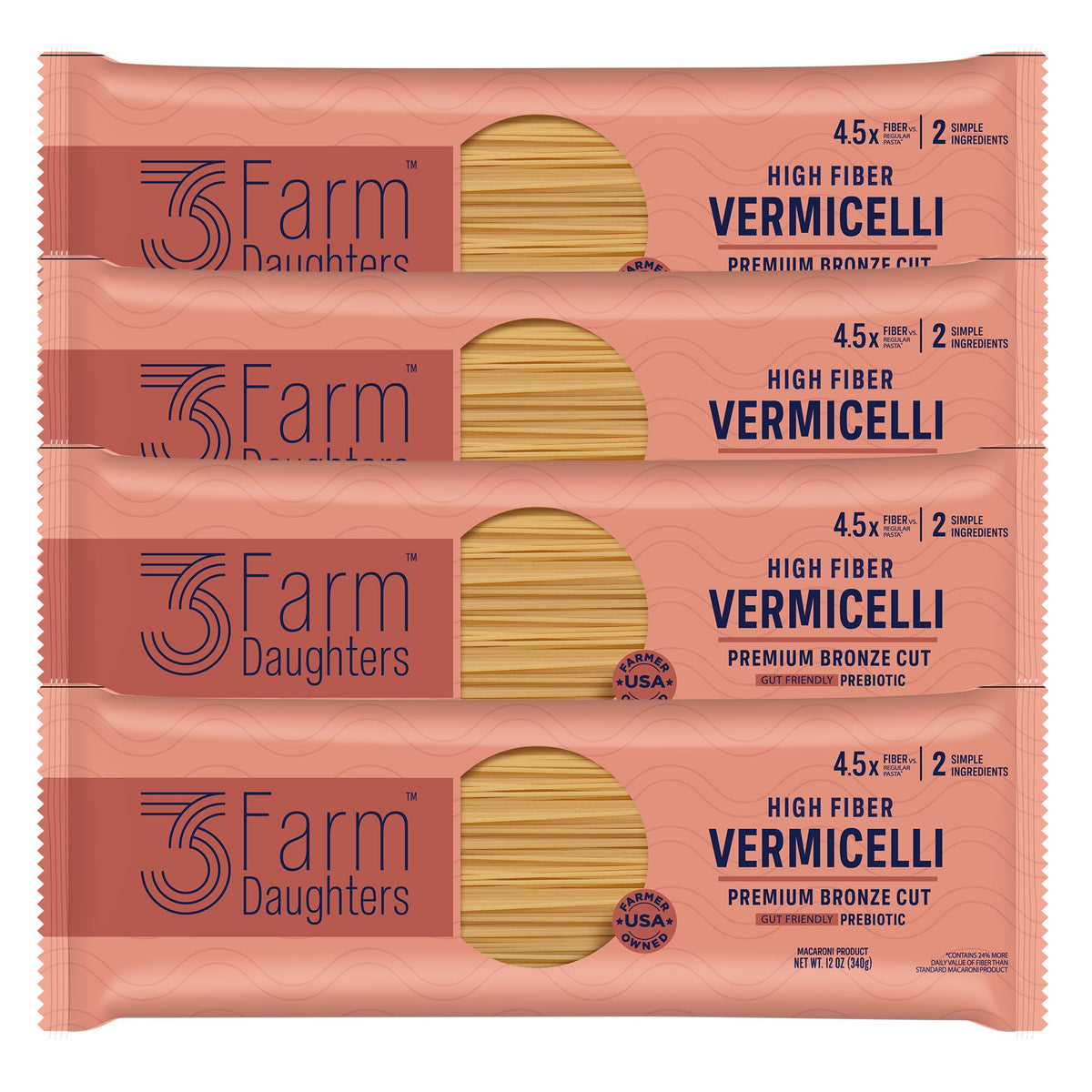 Three Farm Daughters High Fiber Pasta Vermicelli Pack, Irresistible, Low GI, Non GMO Vermicelli Pasta Noodles, Low Net Carb, Made in the USA from Just