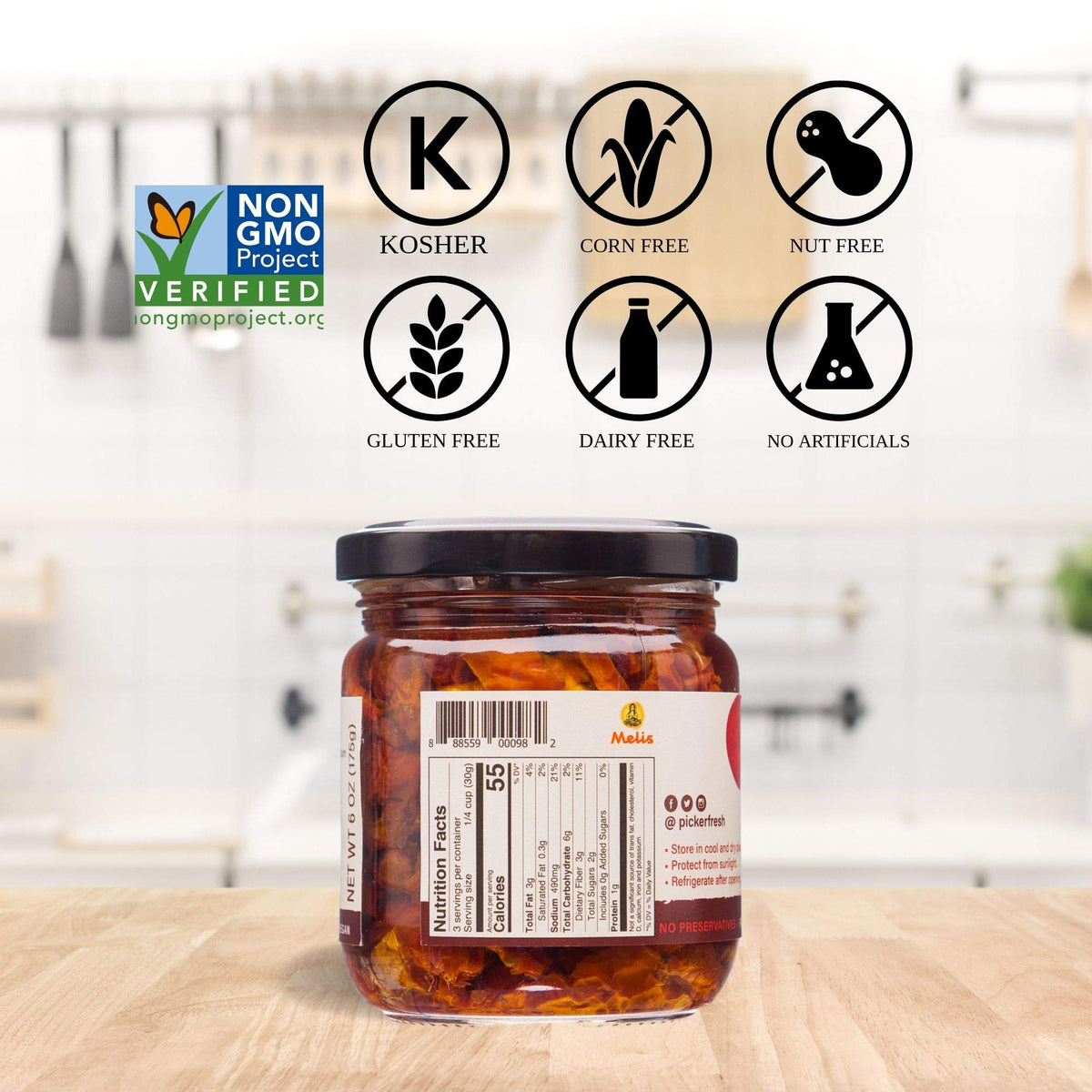 Pickerfresh Julienne Cut Sun-Dried Tomatoes In Oil with Herbs - Sulphite Free - Gourmet Sun-Dried Tomato Slices - Non-GMO, No Artificial Color & No