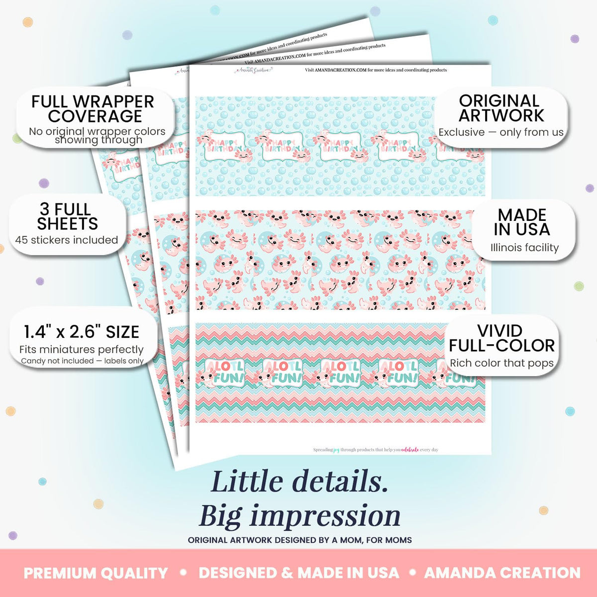 Axolotl Girl Birthday Mini Candy Bar Wrappers, 45 Count, 1.4 x 2.6 Inch Full Coverage Labels, Kids Boy Birthday Party Favors, Mini Chocolate Bar