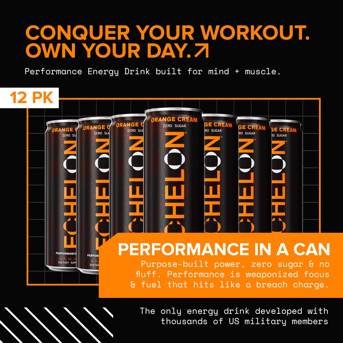 Echelon Performance Energy Drink Orange Cream - Zero Sugar, 200mg Natural Caffeine, Muscular Endurance, Nootropic Focus, Prebiotic Fiber, B Vitamins