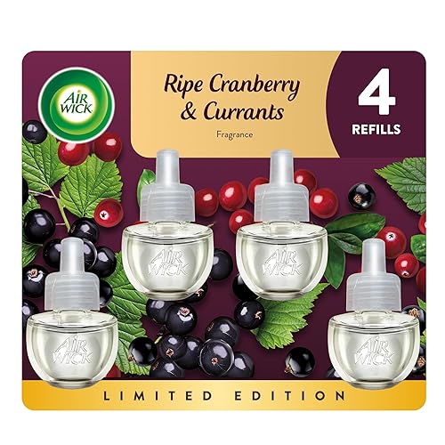Air Wick Plug In Scented Oil Refill, Infused with Essential Oils, Plug In Air Fresheners for Home, Ripe Cranberry & Currants, 4 ct