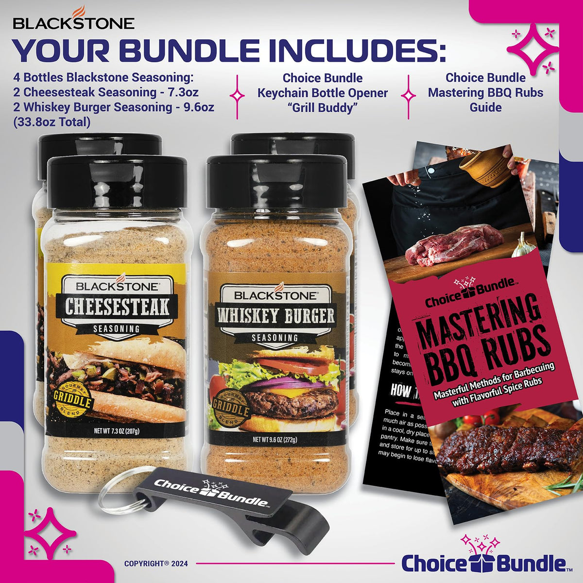 Blackstone Cheesesteak & Whiskey Burger Seasoning - Gourmet Griddle Premium BBQ Barbecue Rub 4 Pk Choice Bundle (33.8 oz) + BBQ Guide & Bottle Opener