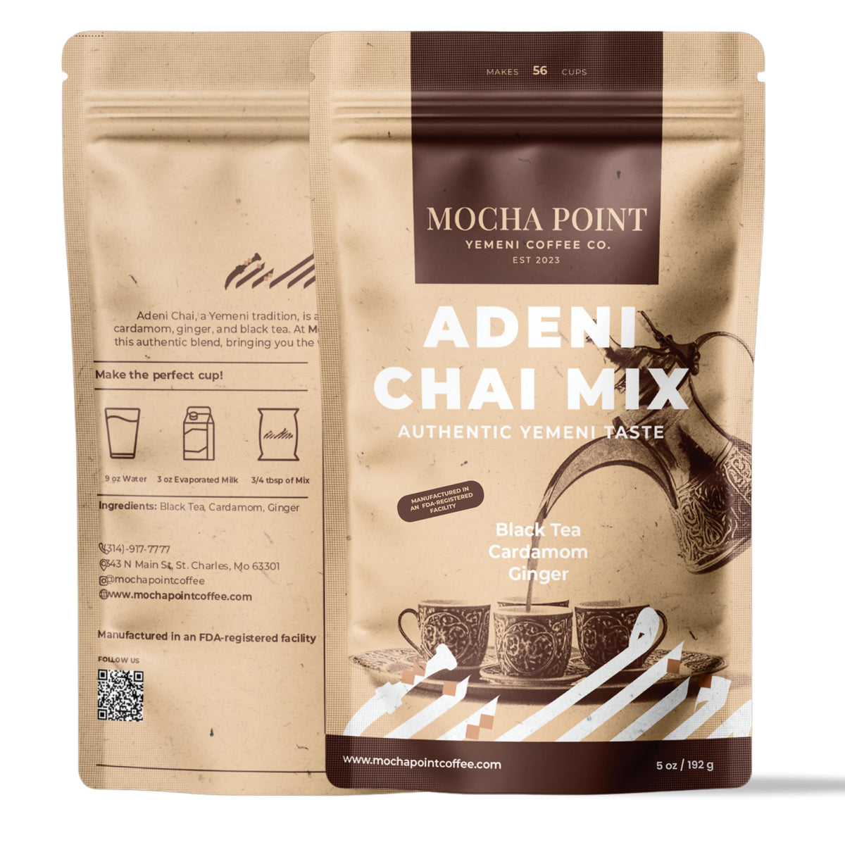 Mocha Point Adeni Chai Mix - Natural Black Tea with Ginger & Cardamom - Authentic Yemeni Taste Chai Tea Blend - Sugar-Free & Caffeinated - Enjoy Hot