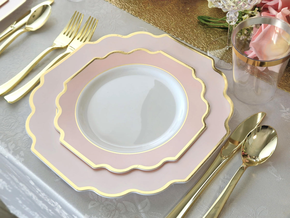 " OCCASIONS " 240 Plates Pack, Heavyweight Disposable Wedding Party Plastic Plates (8'' Appetizer/Dessert Plate, Imperial in White/Blush & Gold)