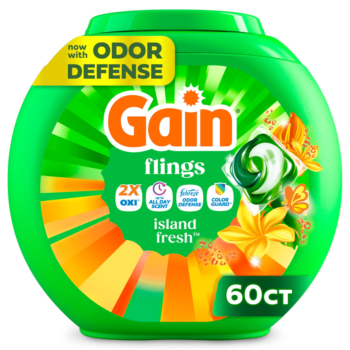Gain Flings Liquid Washing Detergent Pacs with Odor Defense + Color Guard, Island Fresh Scent, 4-In-1 Liquid Laundry Detergent Pods, Clean & Fresh, 60
