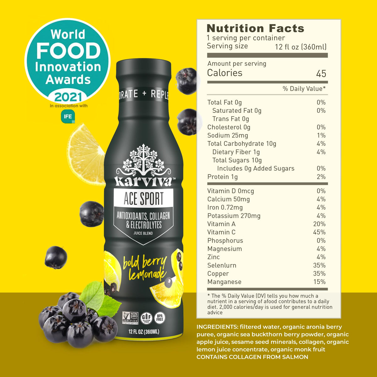 Karviva ACE Collagen Sport Juice Variety Pack - Inspired by Traditional Eastern Remedies for Healthy Joints, Skin & Hair. Collagen Hydration Drinks