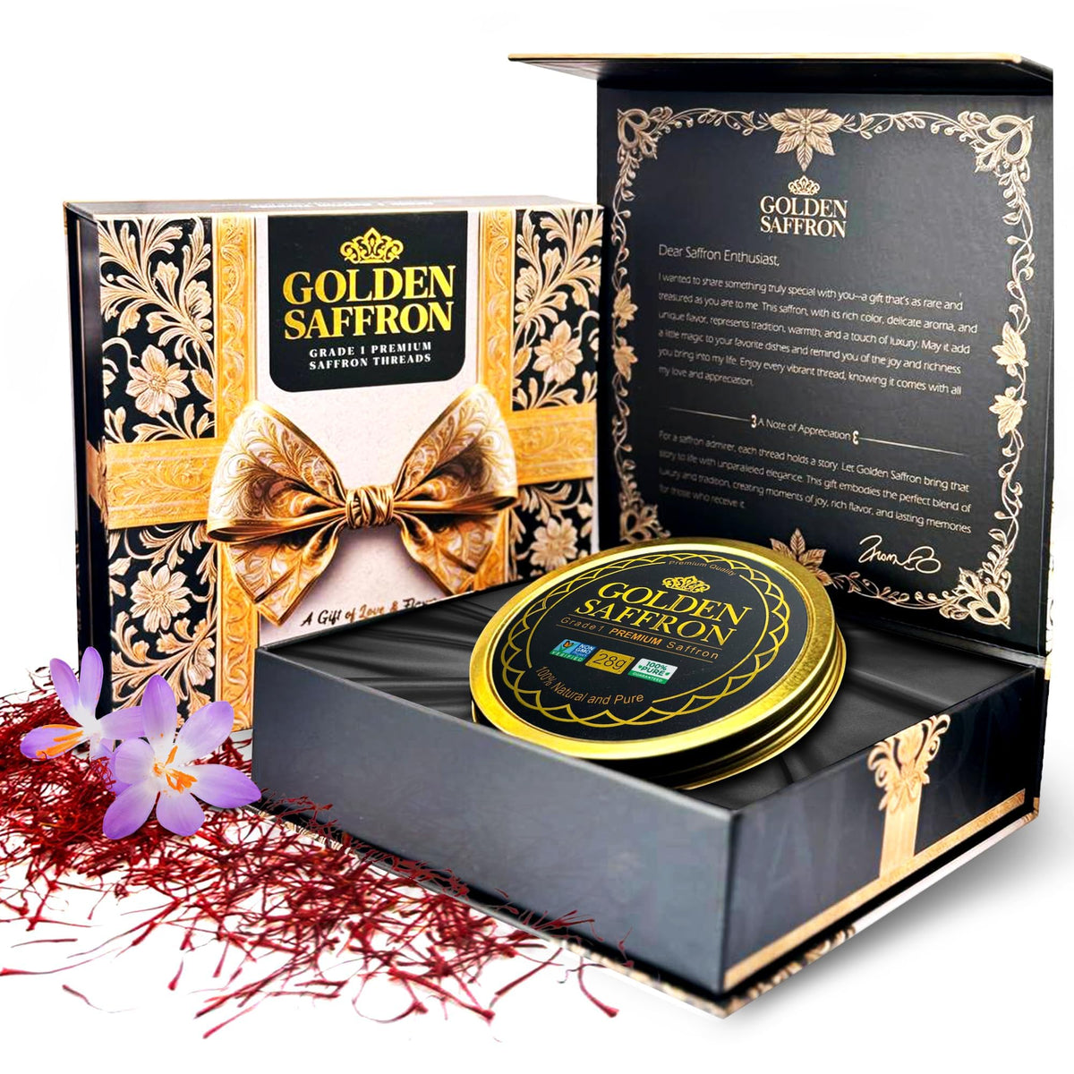 Golden Saffron Luxtury Gift Box, Premium All Red Saffron Threads, Grade A+ Super Negin, Perfect For Any Occasions Non-GMO Verified for Tea, Paella