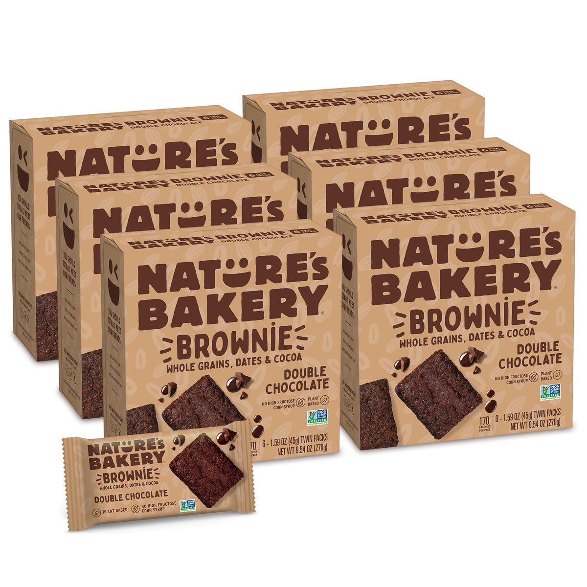 Nature’s Bakery Double Chocolate Brownie Bars, Whole Grains, Dates, and Cocoa, Plant Based, Dairy-Free, Snack Bar, 6 Count (Pack of 6)