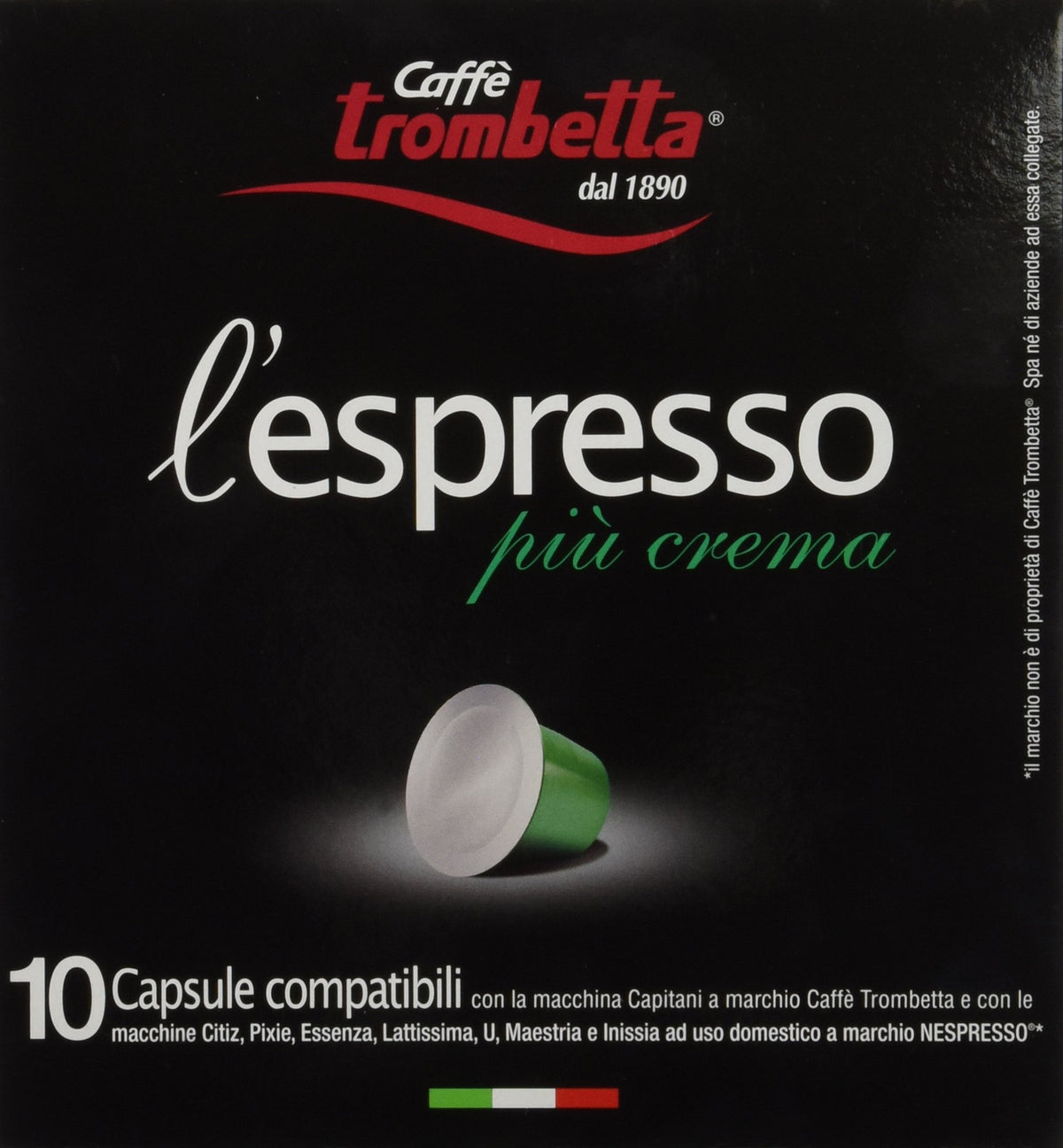 Trombetta 10 Capsules “Piu Crema“ Dark Roast Instant Espresso Coffee - Compatible Nespresso Espresso Coffee Pods