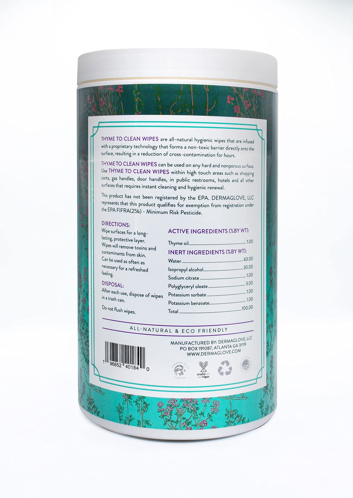 DERMAGLOVE Thyme To Clean - Skin-Safe Compostable Surface Cleaning Wipes | infused with Thyme and Vitamin A,C,E - 75 Count (Pack of 1)