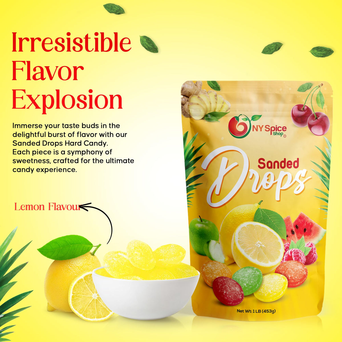 NY Spice Shop Sanded Lemon Drops - 1 Pound Lemon Hard Candy - Old Fashioned Candy - Candy Bulk - Tangy and Sweet Delicious Candy - Healthy Snacks