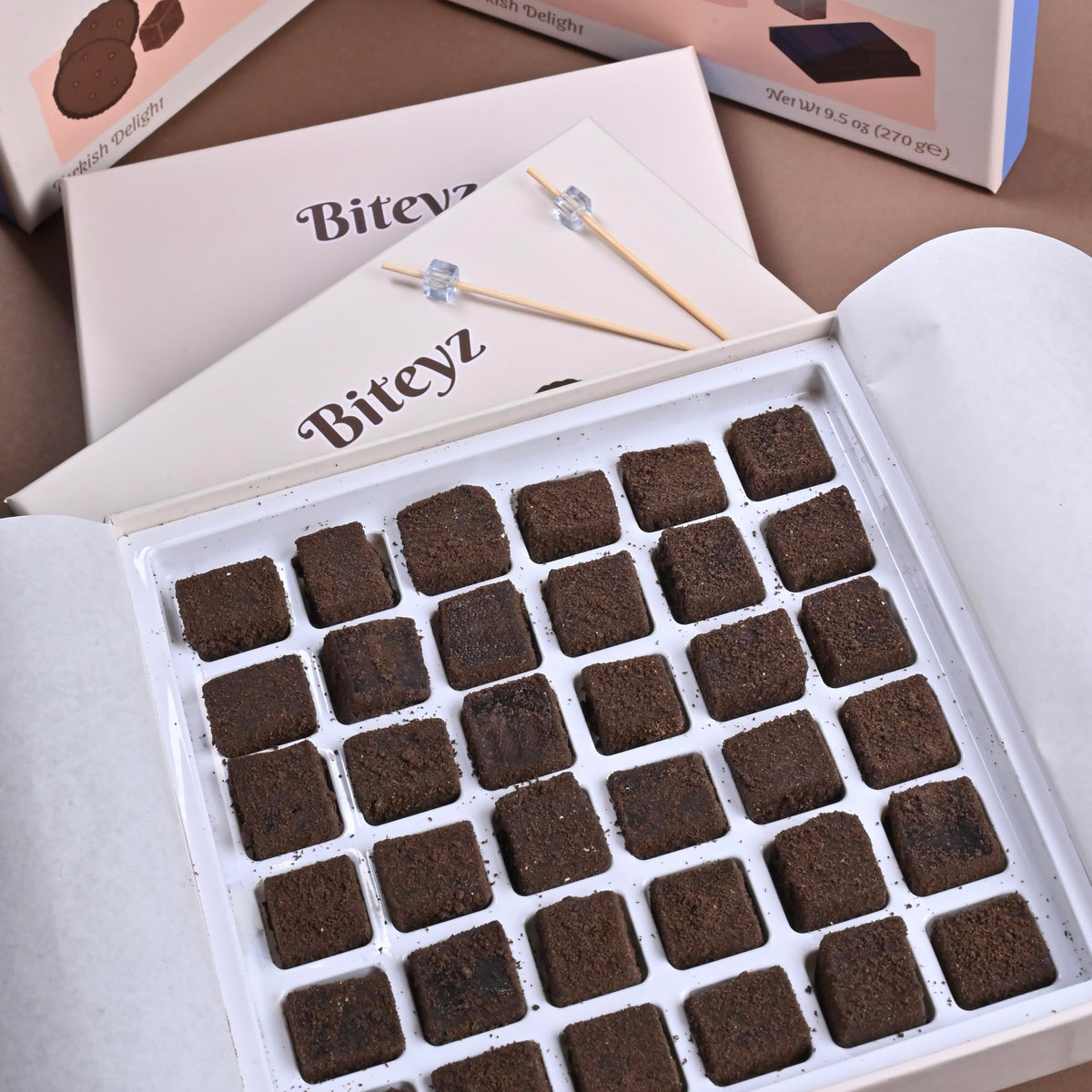 Biteyz Brownie Turkish Delight, Candy Gift Box - Gourmet Treats, Chocolate Flavored Turkish Delight Coated with Chocolate Cookie Crumbs, 36 Pieces