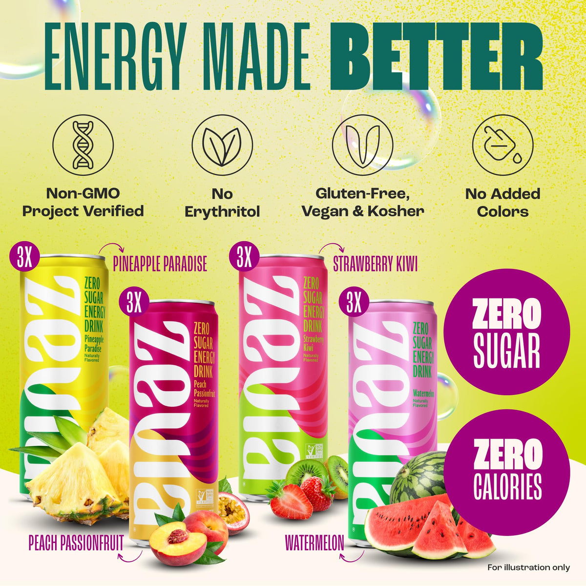 Zevia Zero Sugar Energy Drink, Fruity Fuel Variety Pack, 12 oz Cans (12-Pack) - Naturally Sweetened, Non-GMO Project Verified, Gluten-Free, Vegan