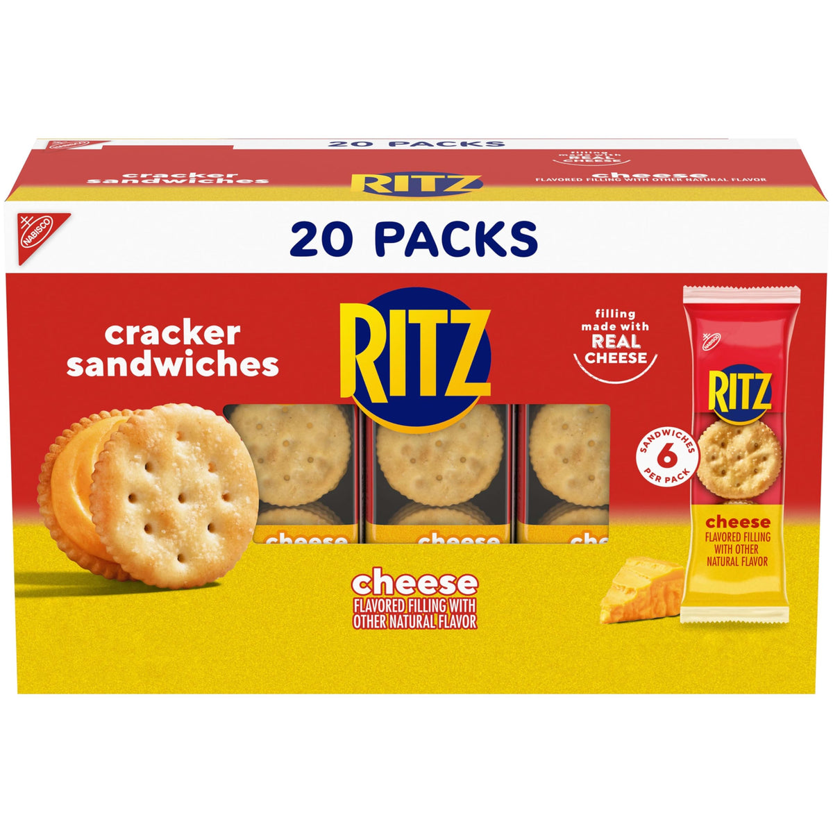 RITZ Cheese Sandwich Crackers, Lunch Snacks, 20 Snack Packs (6 Crackers Per Pack)