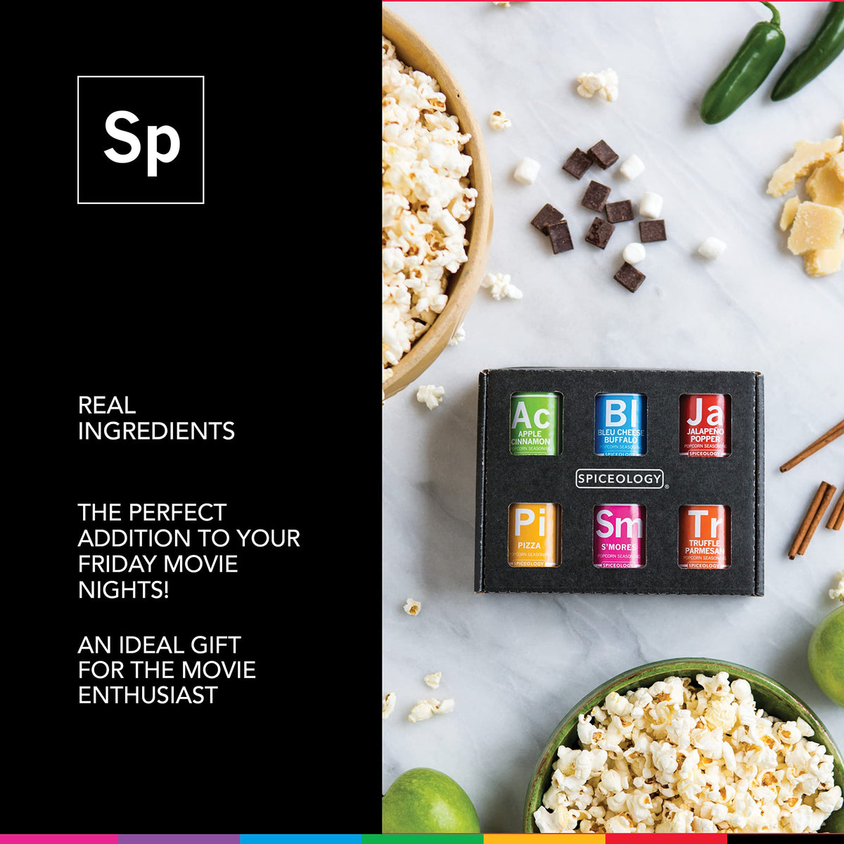 Spiceology - Popcorn Seasoning Variety Pack - 6 Gourmet Popcorn Spices & Seasonings - Apple Cinnamon, Bleu Cheese Buffalo, Jalapeño Popper, Pizza
