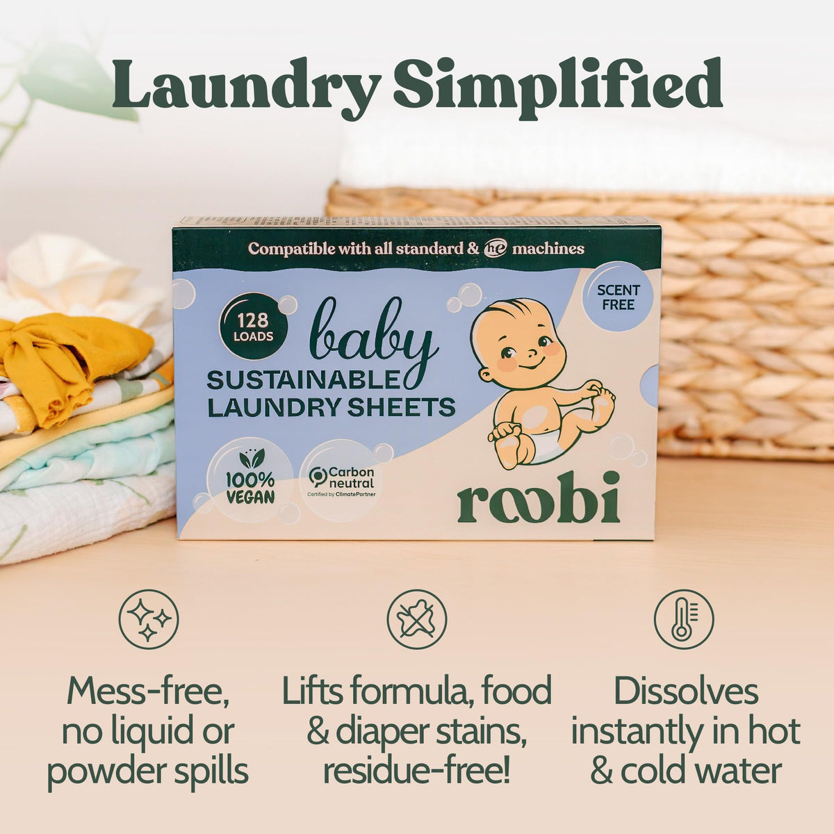 Roobi Baby Laundry Detergent Sheets. Specially Formulated for Sensitive Skin. Newborns, Infants & Toddlers Clothes. Unscented. Up to 128 Loads