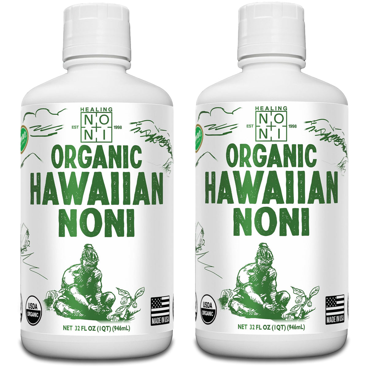 Healing Noni - 2-Pack Plastic Bottle 32oz - 100% Pure Hawaiian Organic Noni Juice - USDA Certified Organic