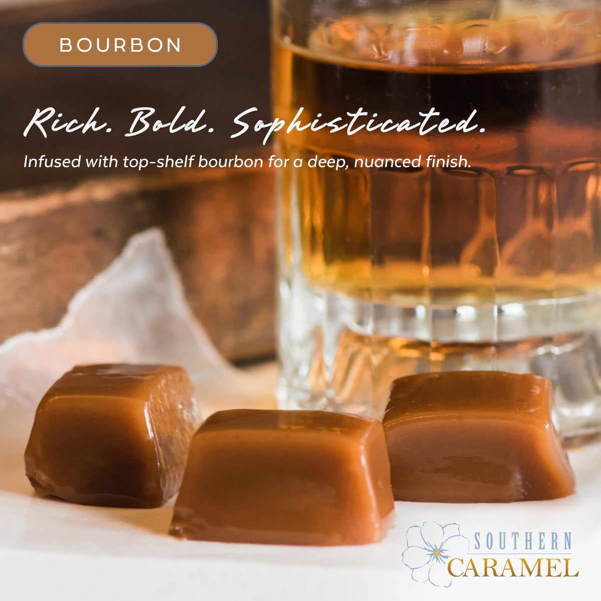Southern Caramel Bourbon Caramels, Soft Buttery Gourmet Caramel Candy Infused with Smooth, Top-Shelf Bourbon, Handcrafted, Small Batch, Gluten Free