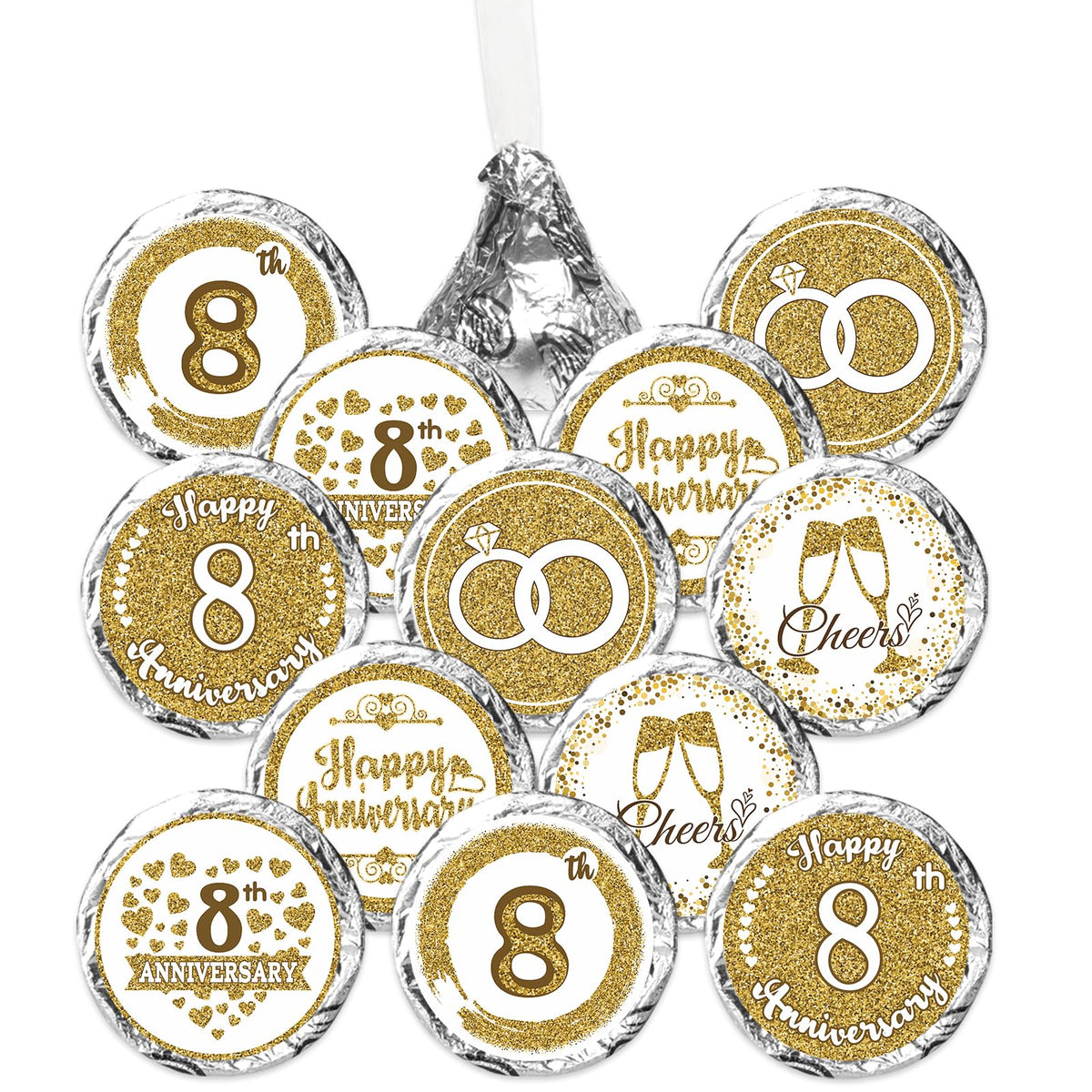 Gold 8th Anniversary Chocolate Kiss Stickers,180 Count, 0.75" Chocolate Drop Labels for Kisses, 8th Wedding Anniversary Party Favors Labels