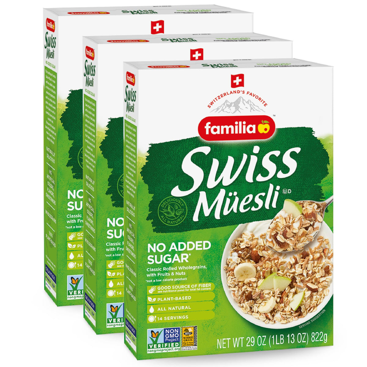 Familia Swiss Muesli Cereal, 0g Added Sugar, Energy-Packed Cereal with Raisins, Hazelnuts and Almonds, 29 Ounce Box (Pack of 3)
