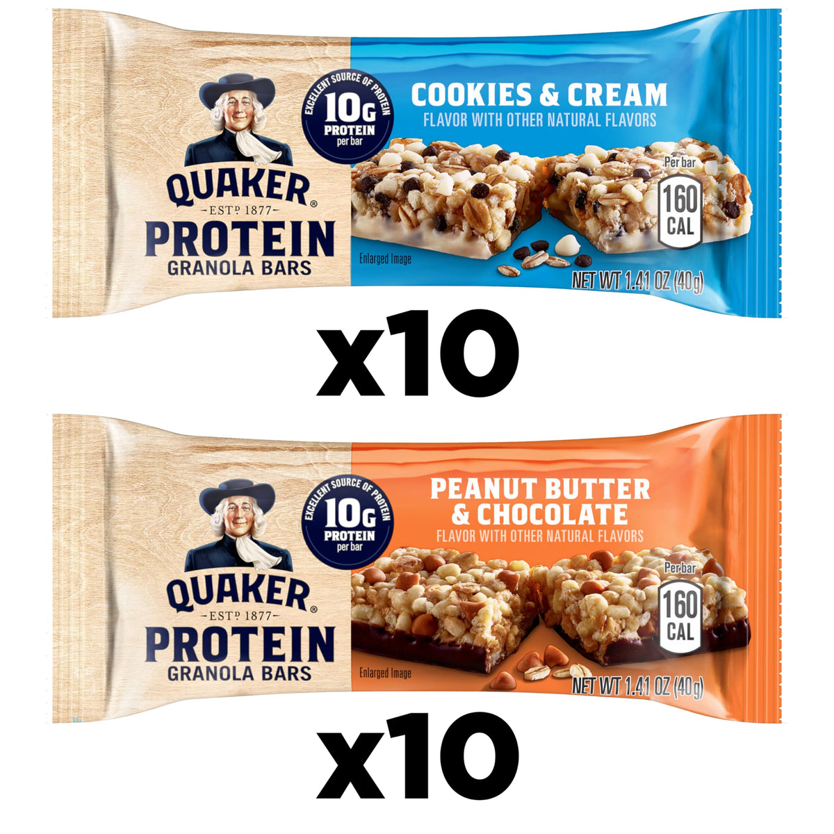 Quaker Protein Granola Bars, 2 Flavor Variety Pack, 10g Protein, 1.41 oz Bars, 20ct