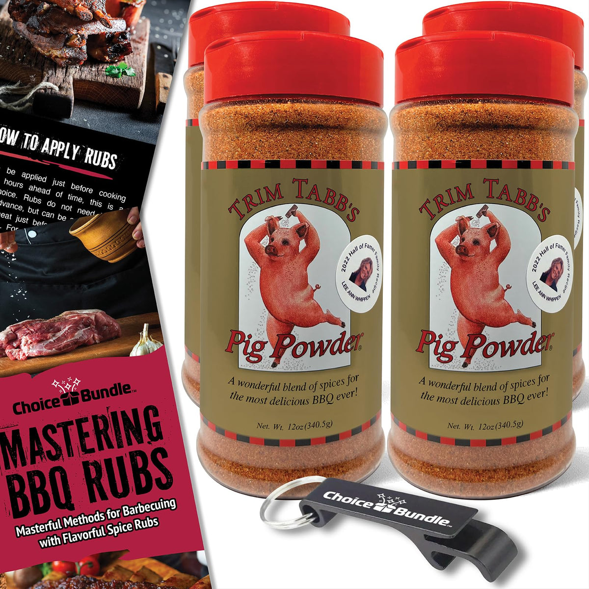Trim Tabb’s Pig Powder Premium BBQ Barbecue Rub & Seasoning 4 Pk (48 oz) + Guide & Keychain Bottle Opener (6 Items)!