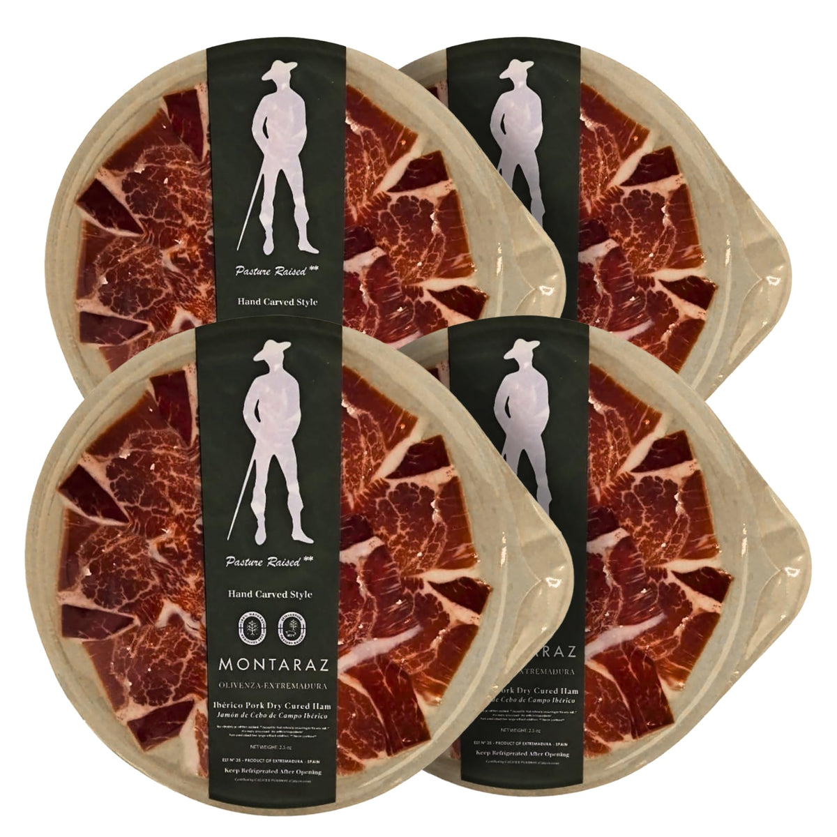 Montaraz | Jamon Iberico | Pasture Raised Extremadura Spain | Pre-Sliced Tray | 2.5 oz (71 gr) (Pack of 4)