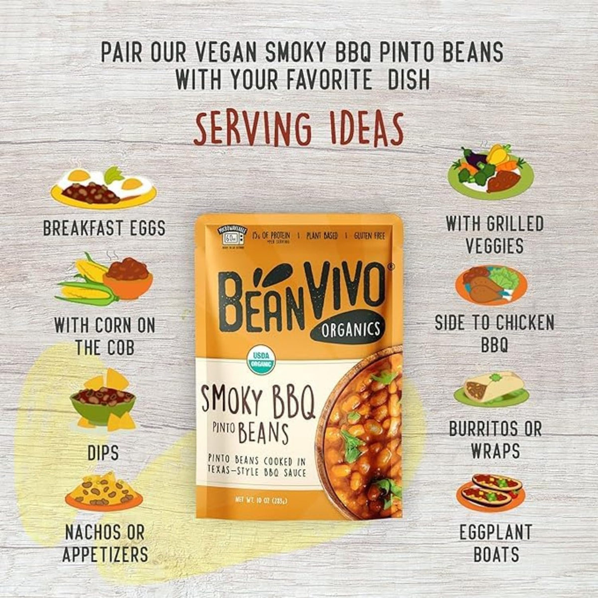 BeanVIVO (Pack of 3) Organics 15g Plant based Protein BBQ Pinto Beans - Good Source of Fiber - Nutritious & Microwave Meals - Gluten-Free Plant Food