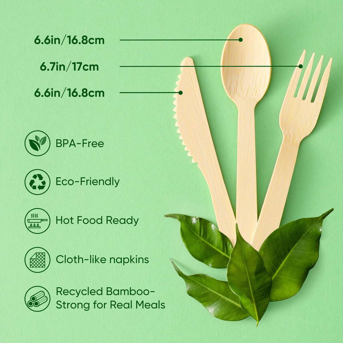 FEHHTO Napkin and Bamboo Cutlery Set, Compostable Utensils Disposable Cutlery for Party, Wedding, BBQ, Camping, Events-50 Pack (Forks, Knives, Spoons