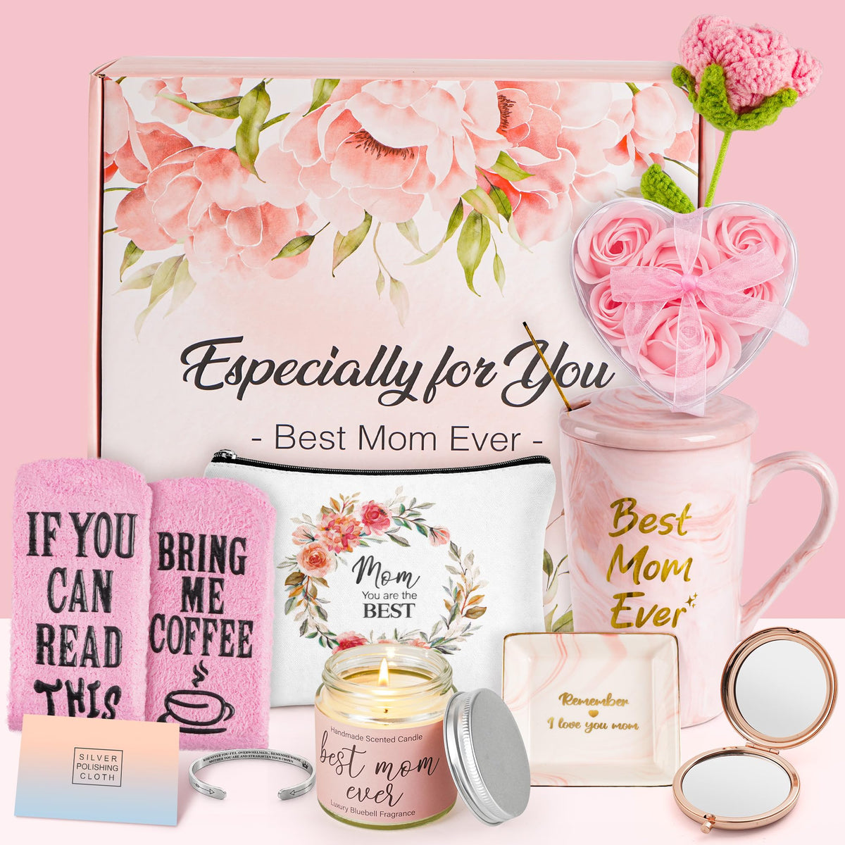 LA NOVO Birthday Gift Baskets for Mom, 12pcs Pink Rose