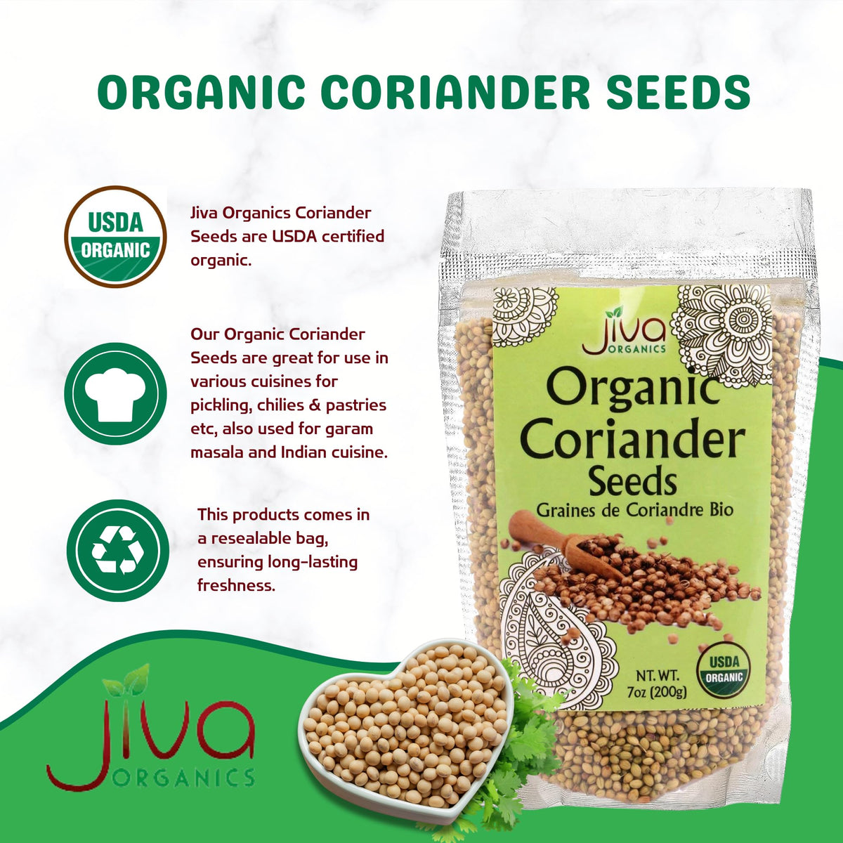 Jiva USDA Organic Coriander Seeds Whole 7 Ounce - New!
