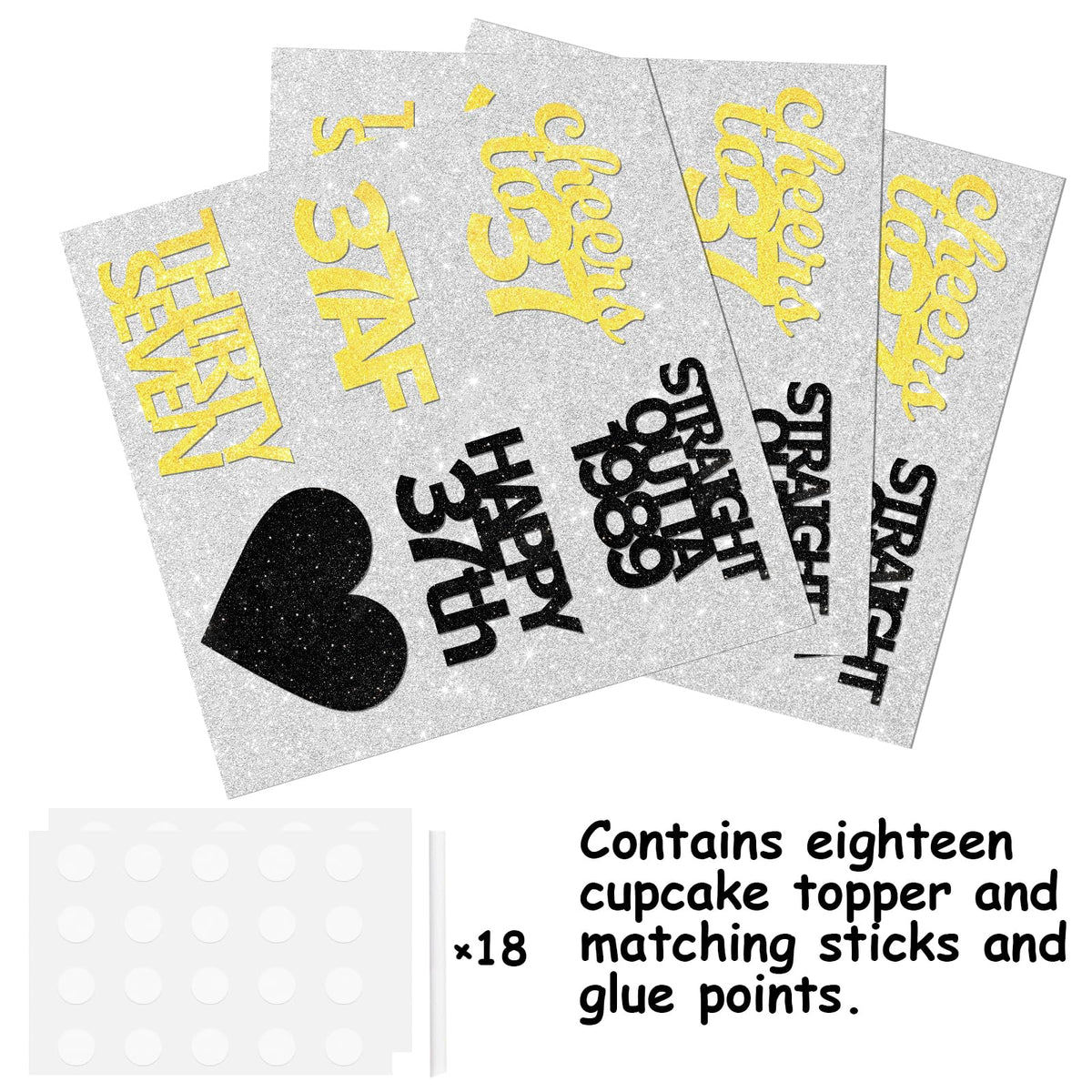 18pcs Black Gold Glitter Dessert Cupcake Pick for Straight Outta 1989 Cheer to 37 Years Old Theme Decor Supplies Happy 37th Birthday Party Decoration