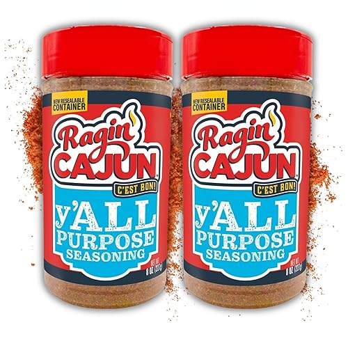 Ragin' Cajun y'ALL PURPOSE Seasoning - 8 oz Shaker - Pack of 2, Low Sodium, No MSG - Mild Louisiana Cajun Spice for Meats, Seafood & Veggies