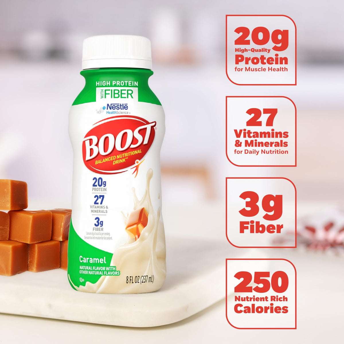 BOOST High Protein with Fiber Ready to Drink Complete Nutritional Drink, Caramel, 8 fl oz Bottle, 24 Pack