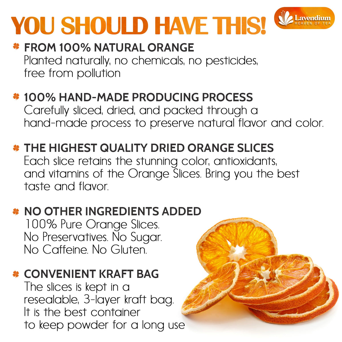 Lavendium, Premium 4oz Dried Orange Slices, 100% Natural & Pure, No Additives or Preservatives, Non-GMO, Plant-Based & Vegan, Perfect for Tea